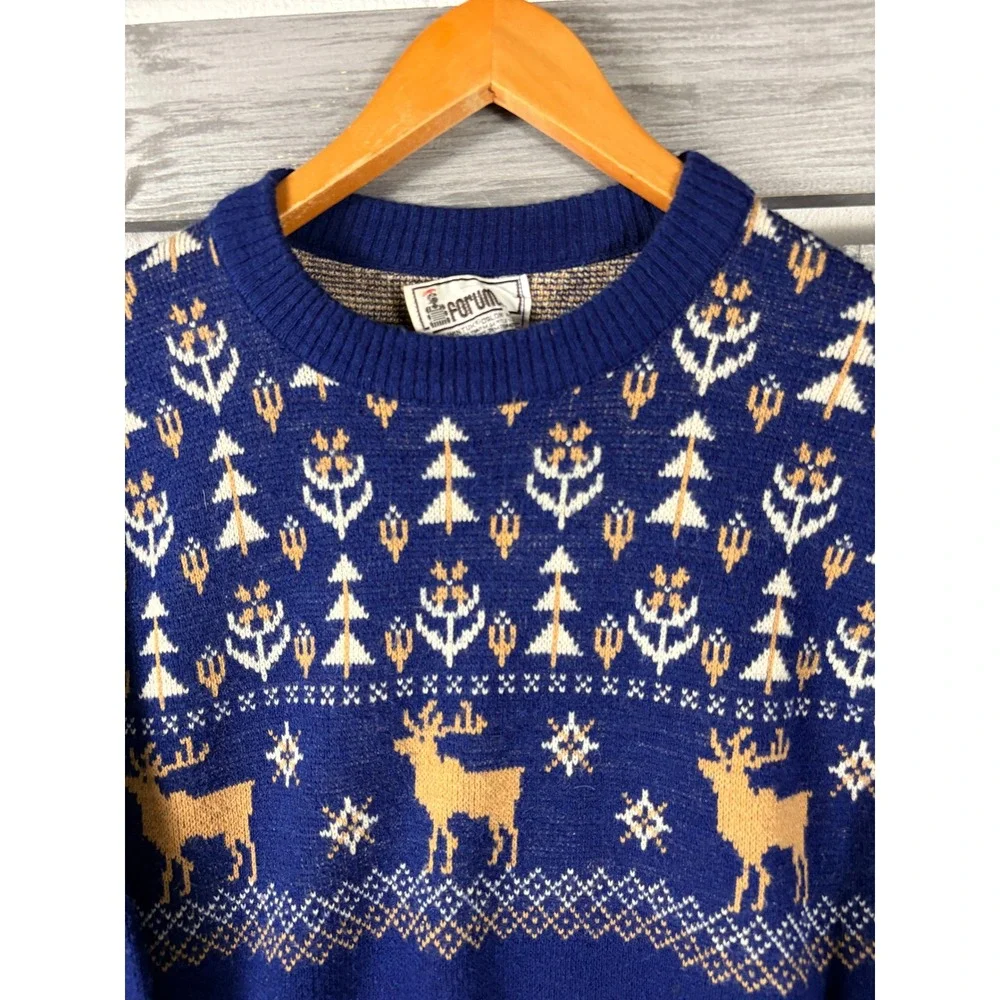 Vintage Forum Blue Fair Isle Reindeer Knit Ski Sweater Mens L/M 70s